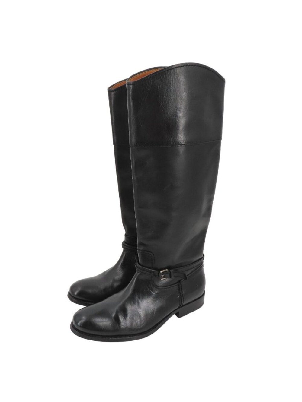 Frye Women 5.5 Melissa Skinny Buckle Black Leather Block Heel Riding Boots Shoes